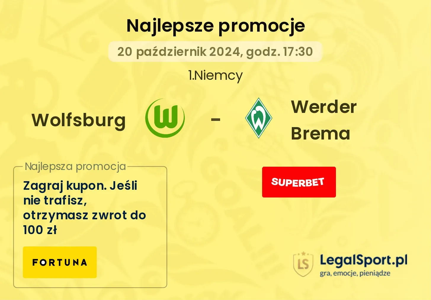 Wolfsburg - Werder Brema promocje u bukmacherów 20.10, 17:30