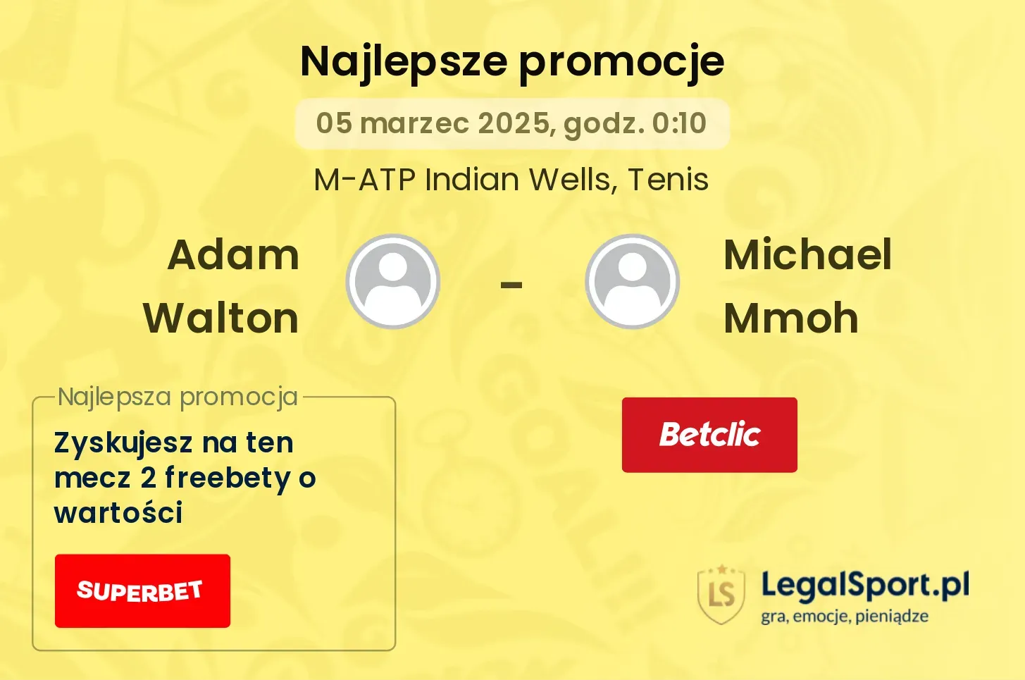 Adam Walton - Michael Mmoh promocje bonusy na mecz