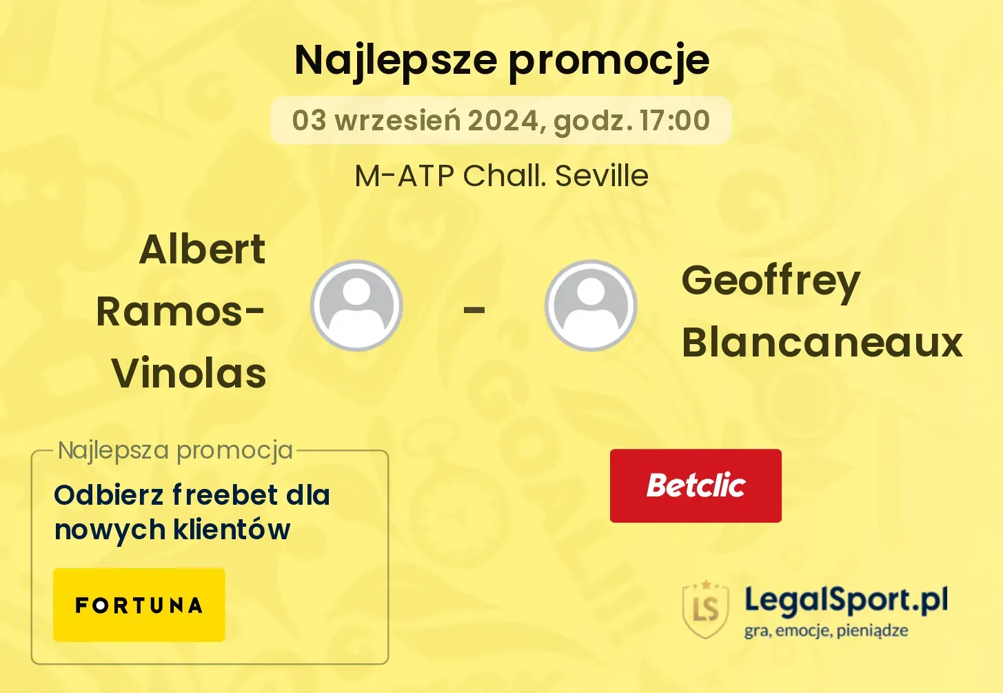 Albert Ramos-Vinolas - Geoffrey Blancaneaux promocje bukmacherskie 03.09, 17:00