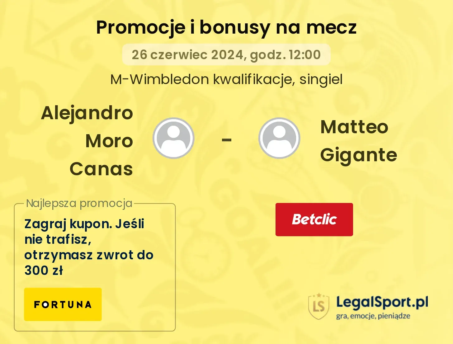 Alejandro Moro Canas - Matteo Gigante promocje u bukmacherów (26.06, 12:00)