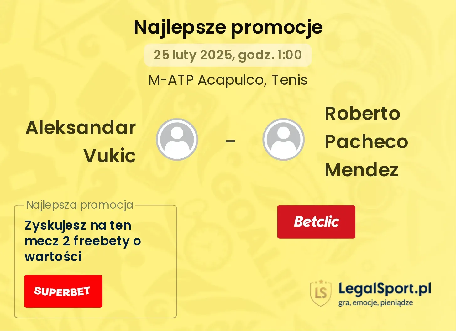 Aleksandar Vukic - Roberto Pacheco Mendez promocje bonusy na mecz