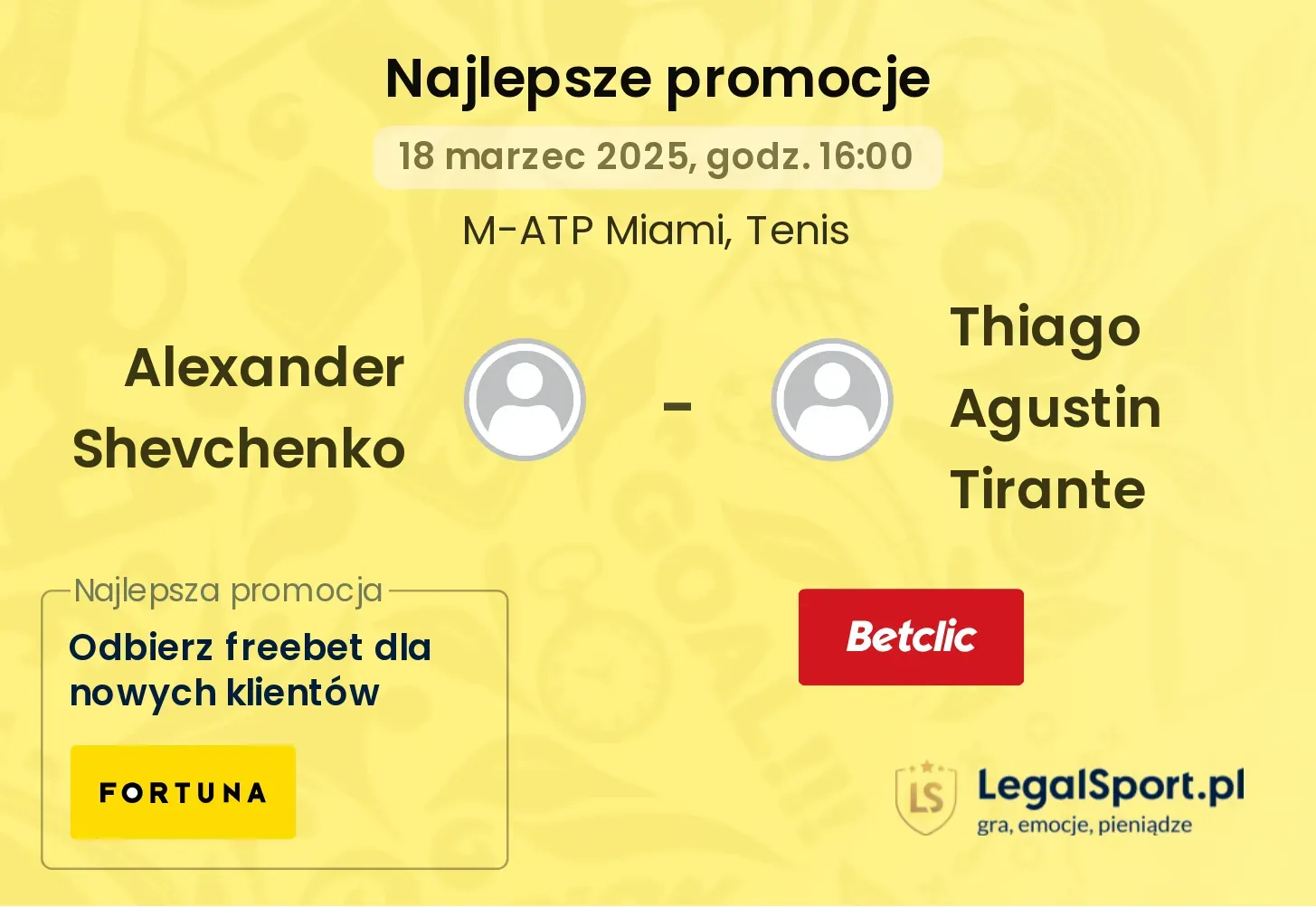 Alexander Shevchenko - Thiago Agustin Tirante promocje bonusy na mecz