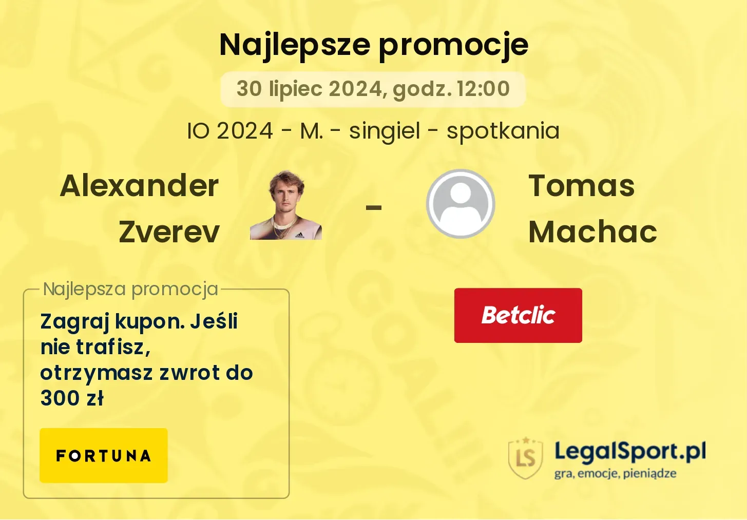 Alexander Zverev - Tomas Machac promocje u bukmacherów (30.07, 12:00)