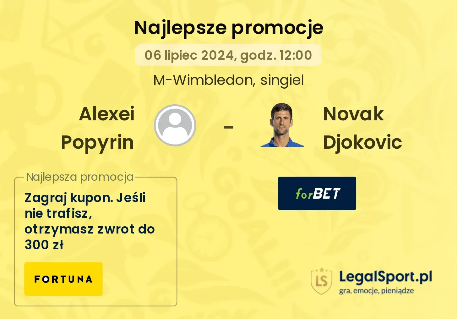 Alexei Popyrin - Novak Djokovic promocje bonusy na mecz