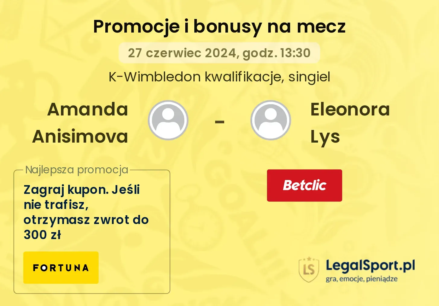 Amanda Anisimova - Eleonora Lys promocje u bukmacherów (27.06, 13:30)