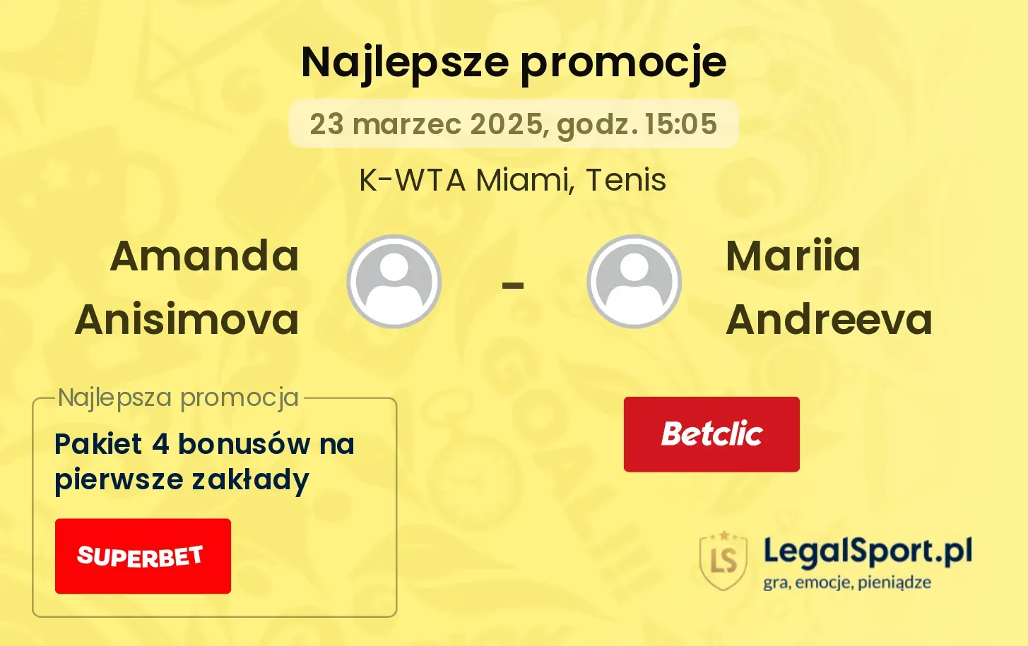 Amanda Anisimova - Mariia Andreeva promocje bonusy na mecz