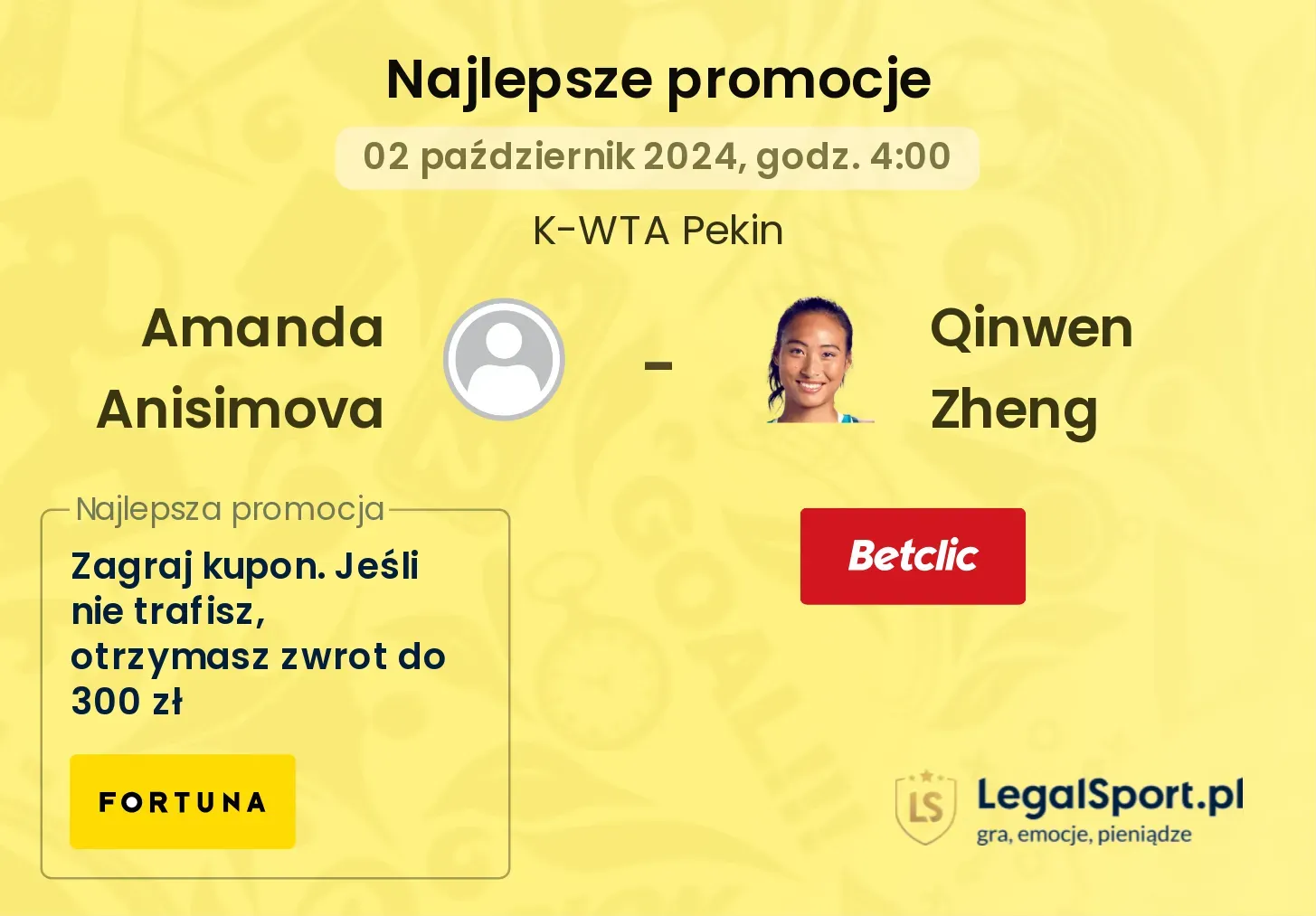 Amanda Anisimova - Qinwen Zheng promocje bonusy na mecz