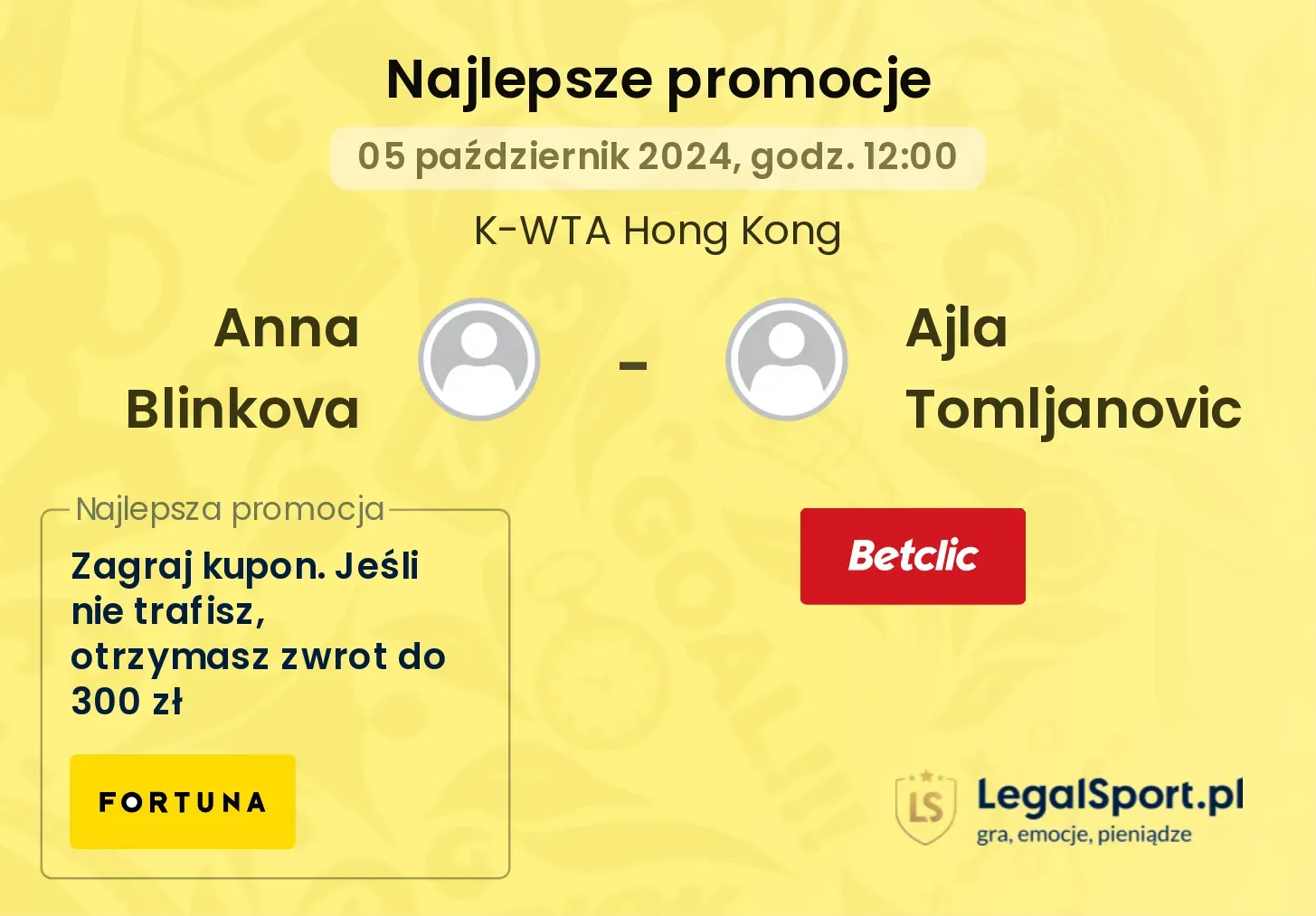 Anna Blinkova - Ajla Tomljanovic promocje u bukmacherów 05.10, 12:00