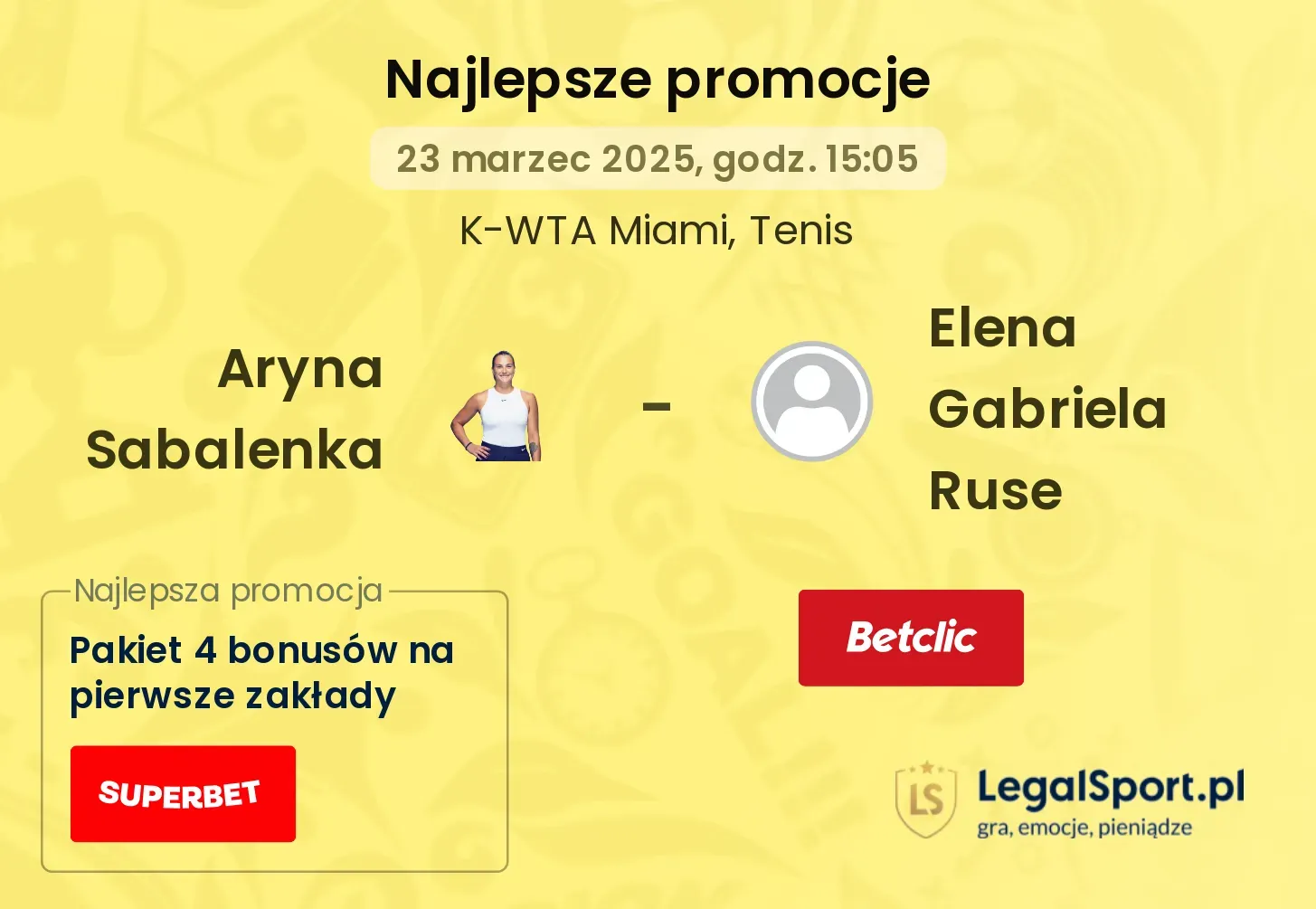 Aryna Sabalenka - Elena Gabriela Ruse promocje bonusy na mecz