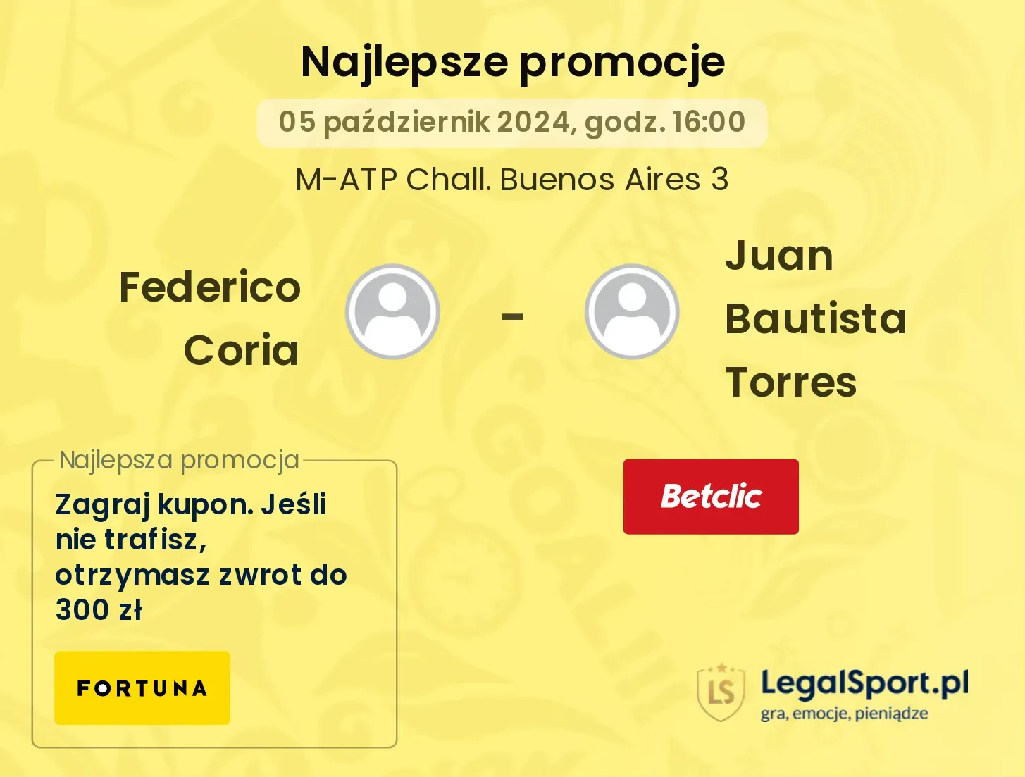 Federico Coria - Juan Bautista Torres promocje bonusy na mecz