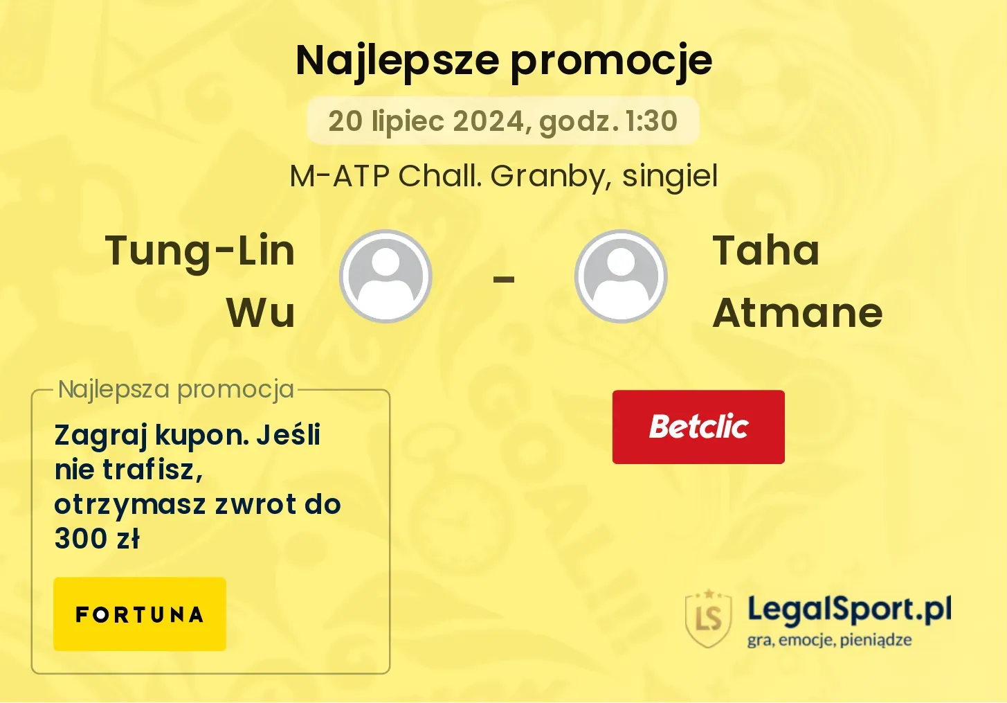 Tung-Lin Wu - Taha Atmane promocje bonusy na mecz