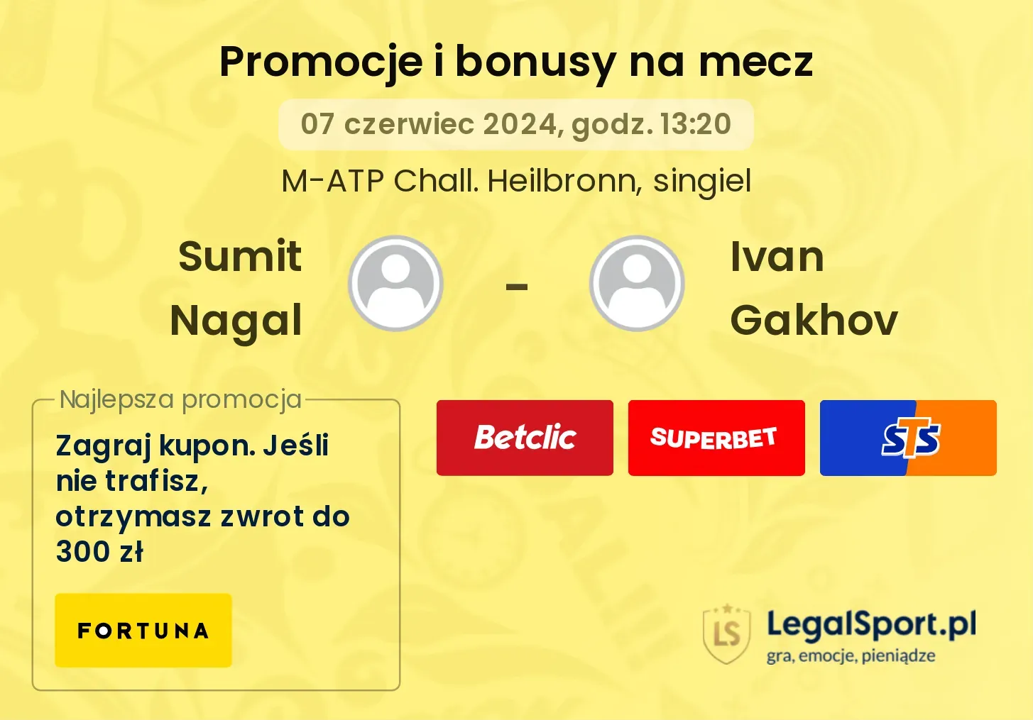 Sumit Nagal - Ivan Gakhov promocje bonusy na mecz