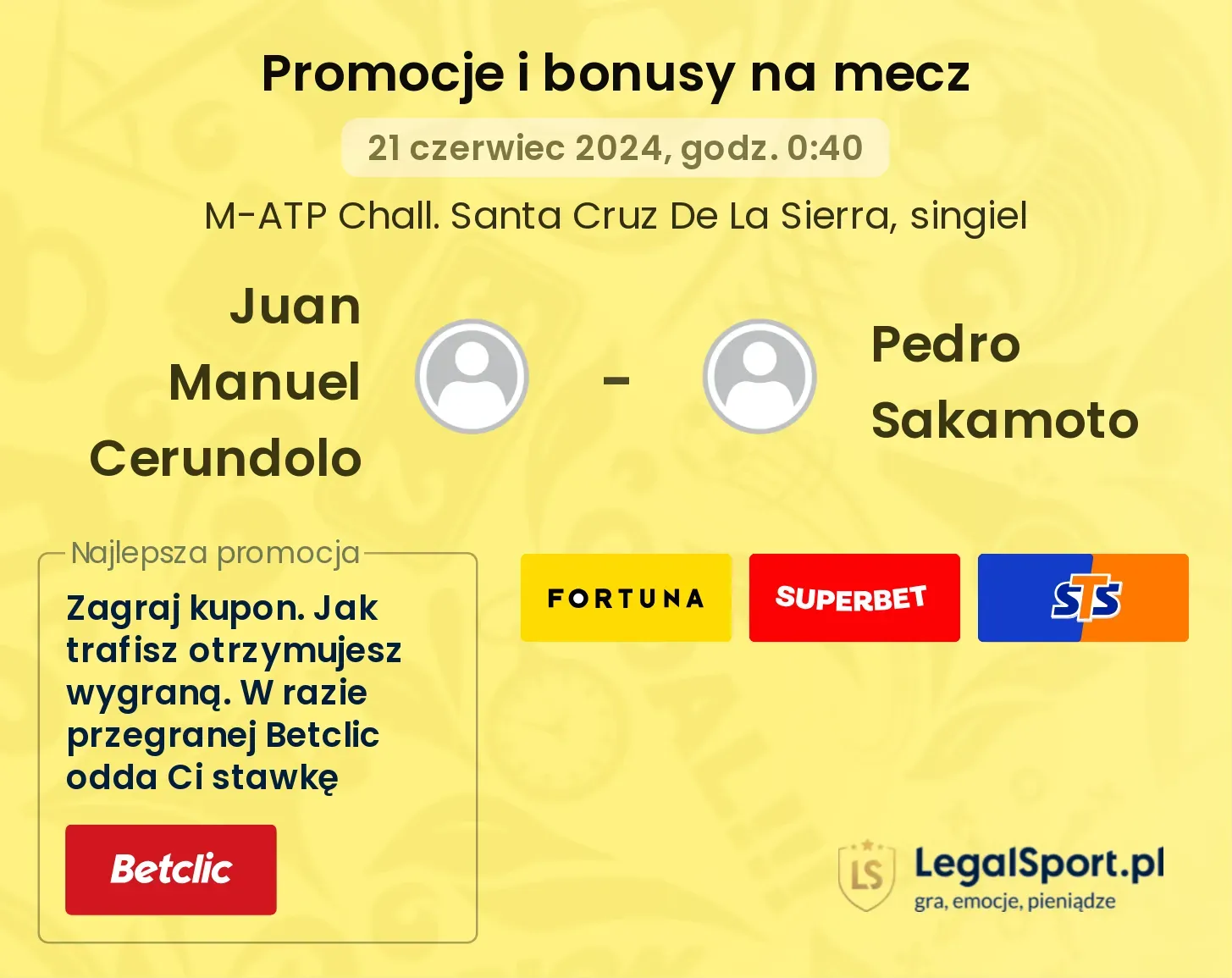 Juan Manuel Cerundolo - Pedro Sakamoto promocje bonusy na mecz