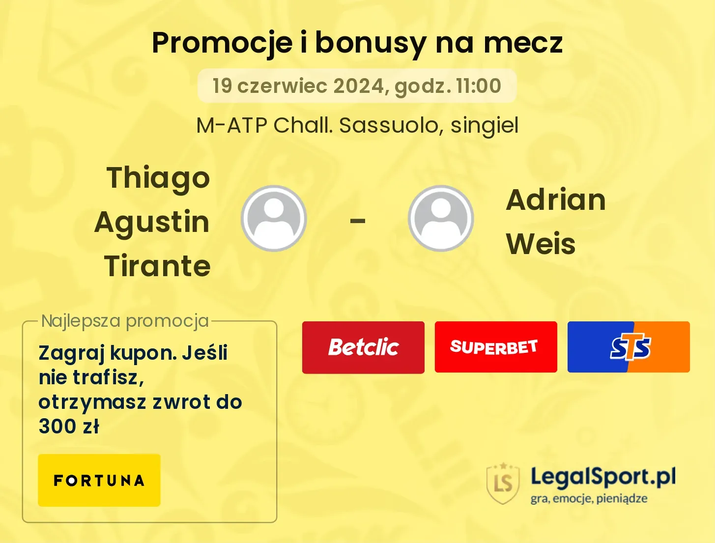 Thiago Agustin Tirante - Adrian Weis promocje bonusy na mecz