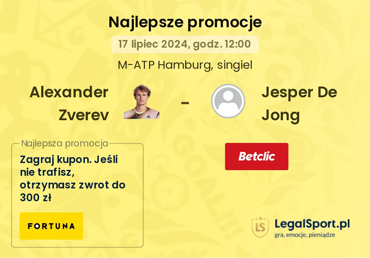 Alexander Zverev - Jesper De Jong promocje bonusy na mecz