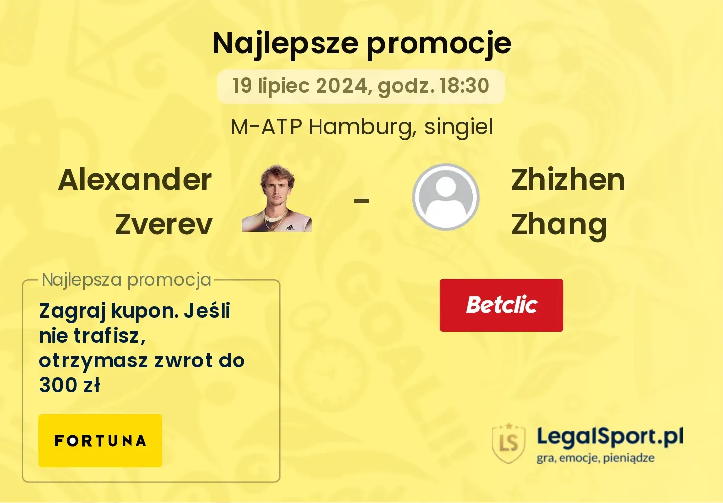 Alexander Zverev - Zhizhen Zhang promocje bonusy na mecz