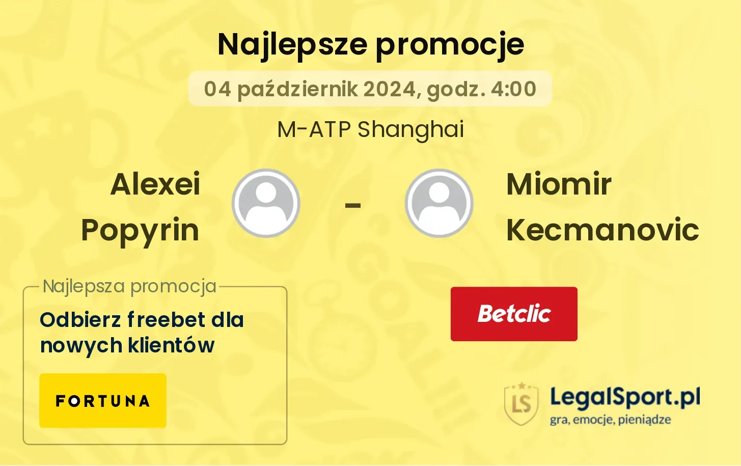 Alexei Popyrin - Miomir Kecmanovic promocje bonusy na mecz