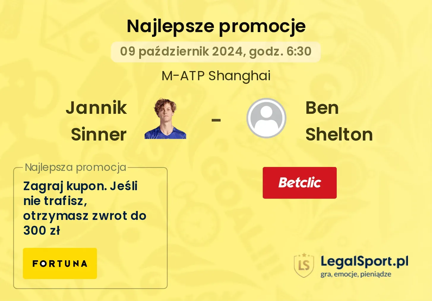 Jannik Sinner - Ben Shelton promocje bonusy na mecz