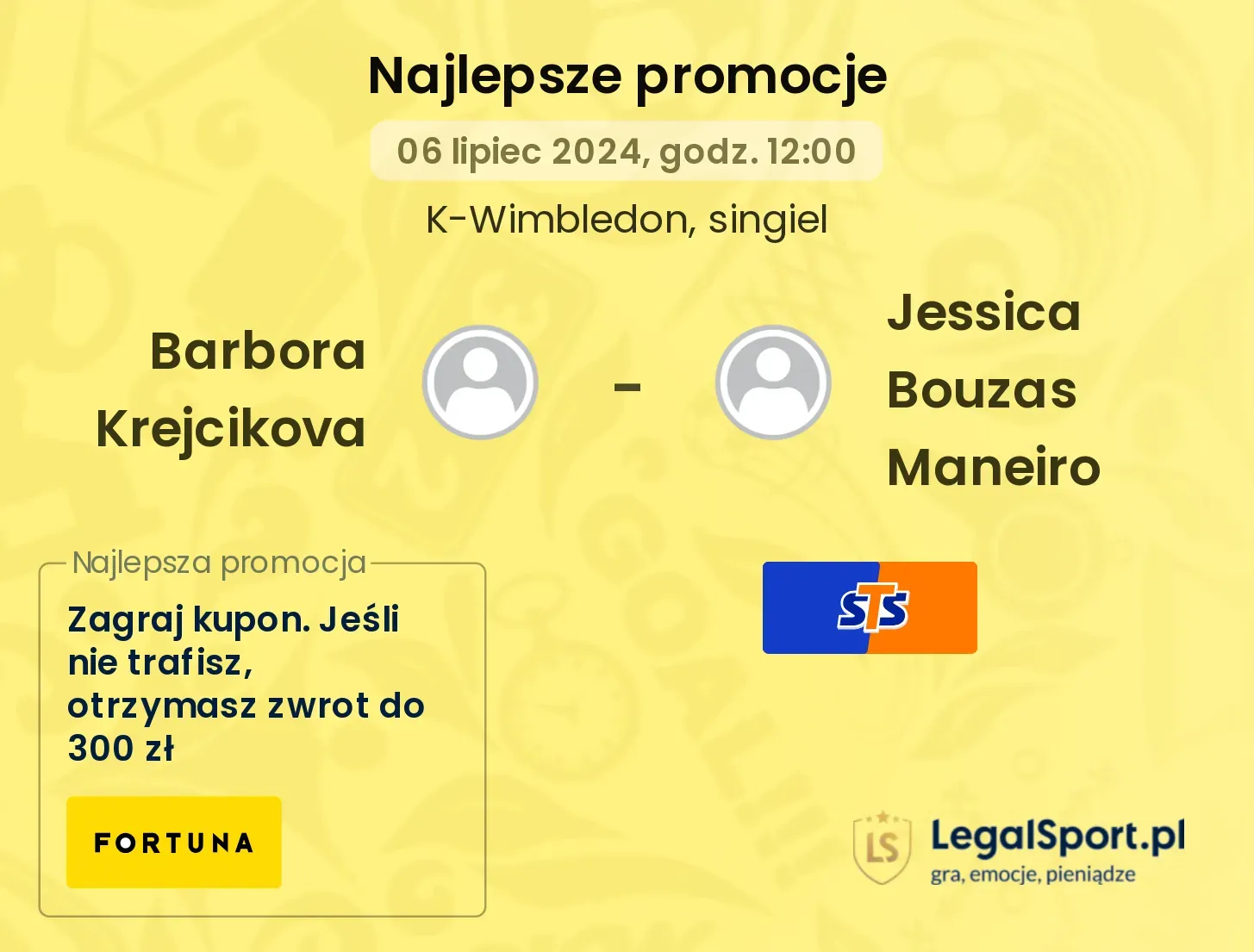 Barbora Krejcikova - Jessica Bouzas Maneiro promocje u bukmacherów (06.07, 12:00)