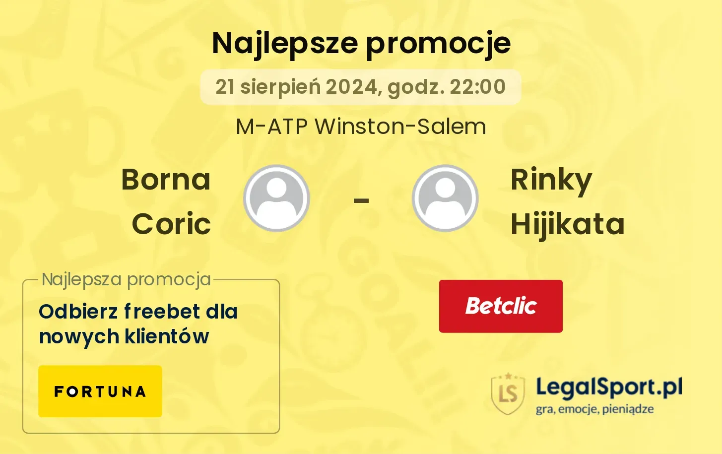 Borna Coric - Rinky Hijikata promocje u bukmacherów 21.08, 22:00