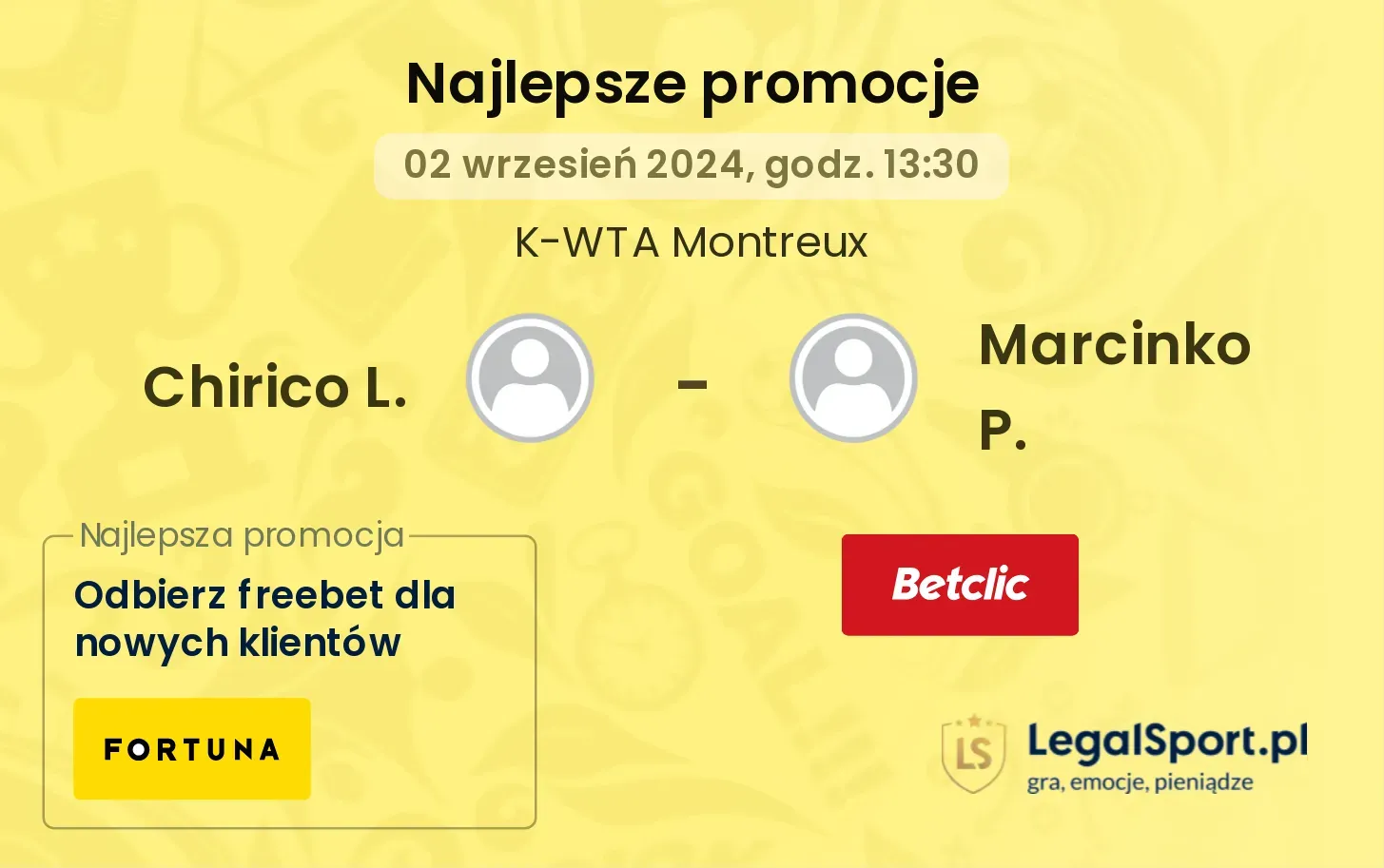 Chirico L. - Marcinko P. promocje u bukmacherów 02.09, 13:30