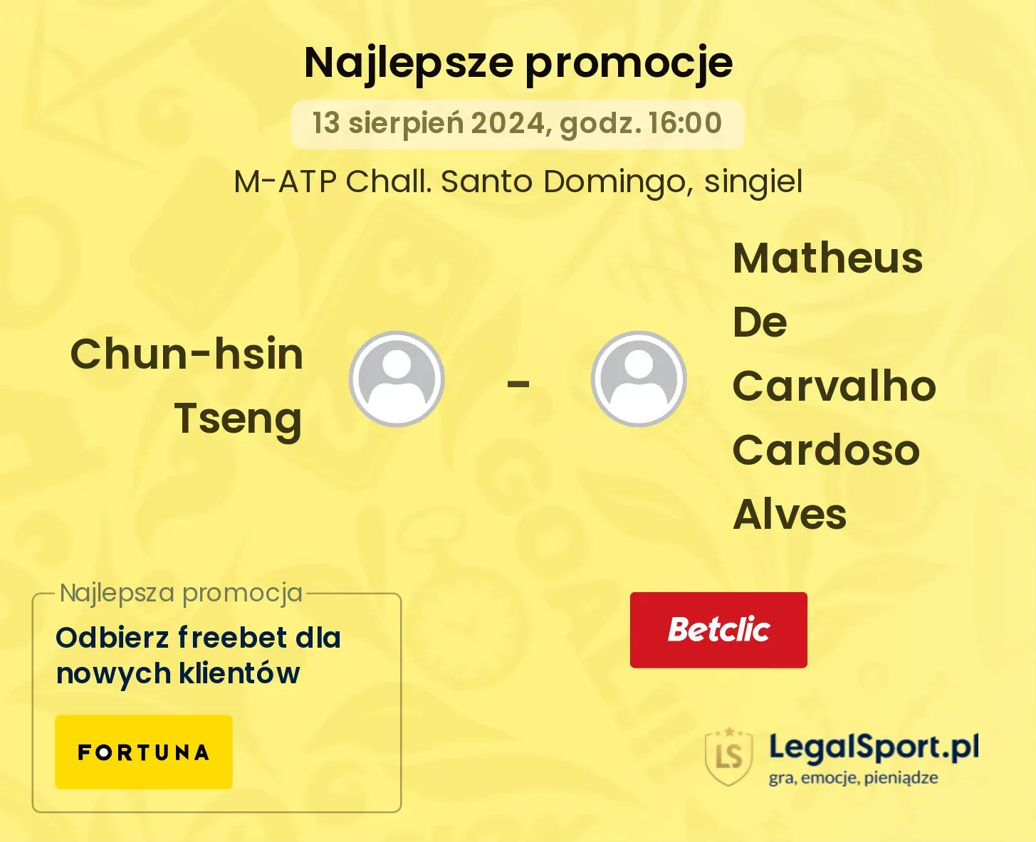 Chun-hsin Tseng - Matheus De Carvalho Cardoso Alves promocje bonusy na mecz