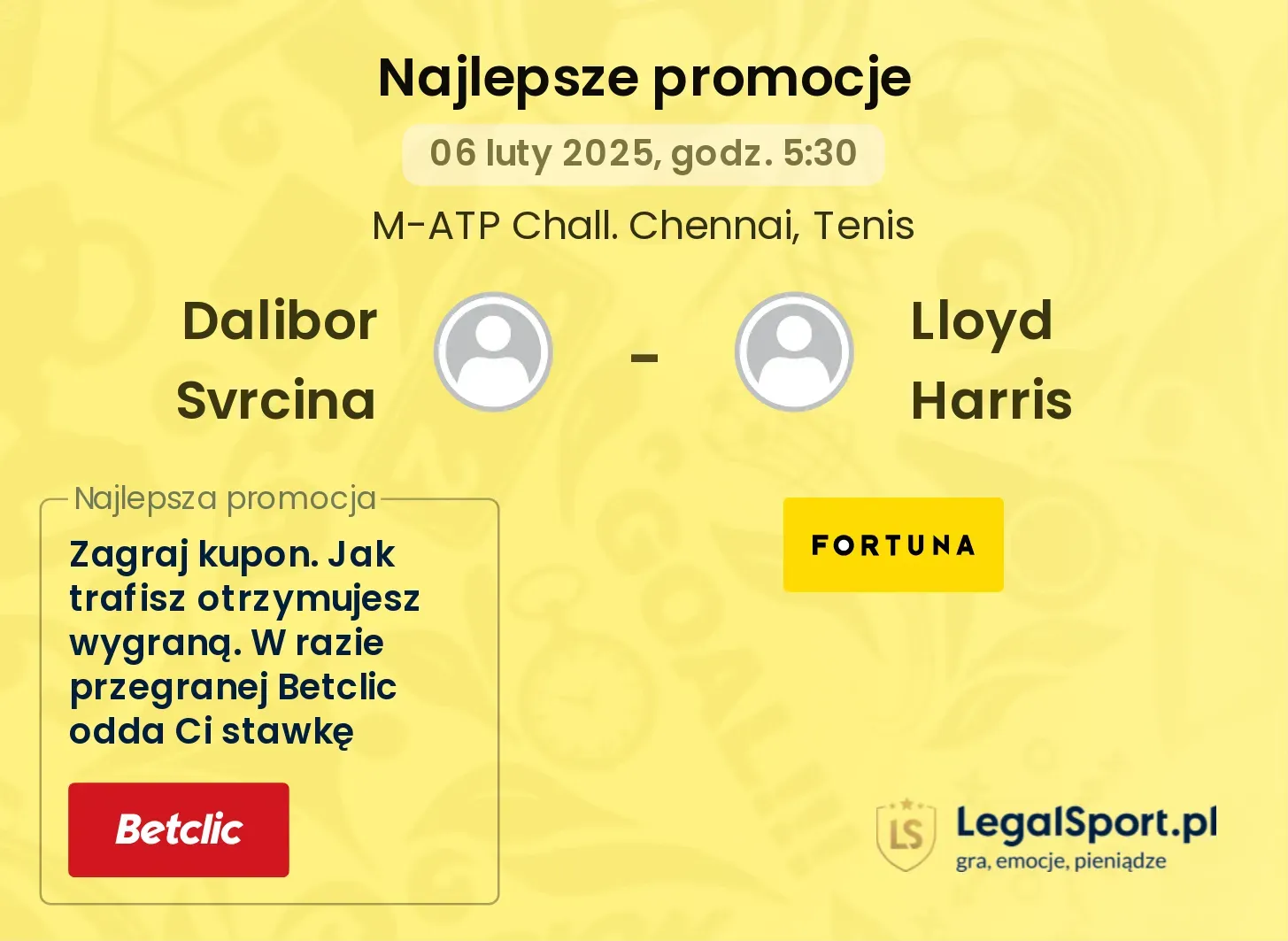 Dalibor Svrcina - Lloyd Harris promocje bonusy na mecz