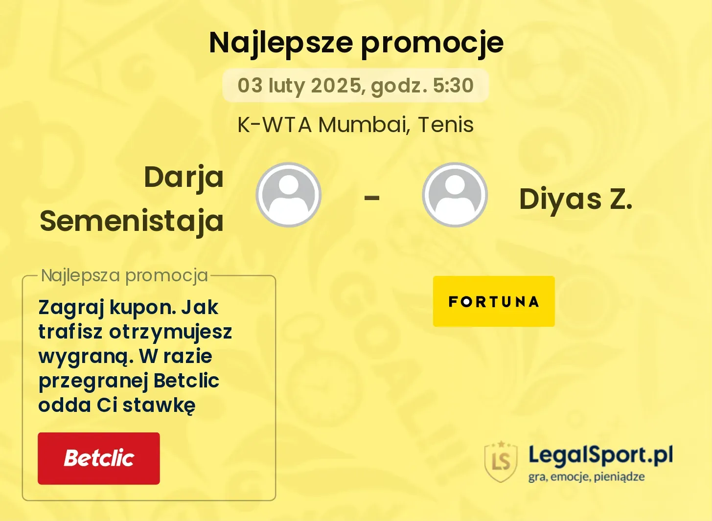 Darja Semenistaja - Diyas Z. promocje bonusy na mecz