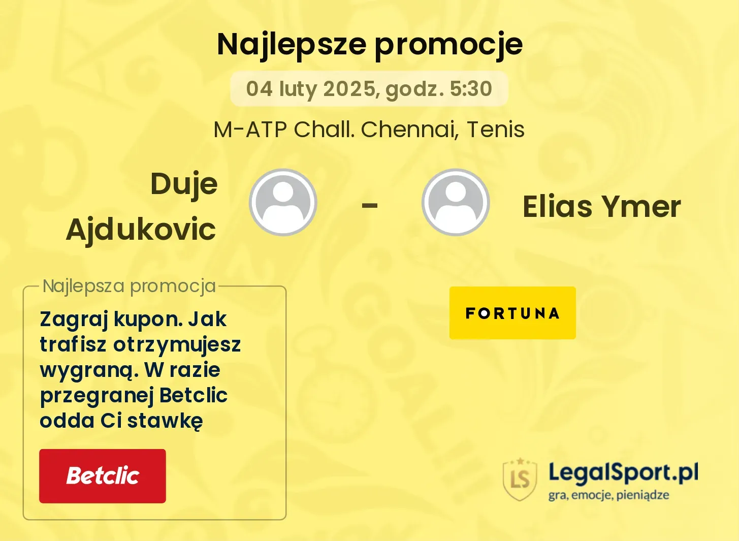 Duje Ajdukovic - Elias Ymer promocje bonusy na mecz