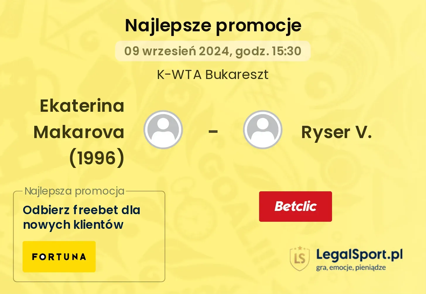 Ekaterina Makarova (1996) - Ryser V. promocje bukmacherskie 09.09, 15:30