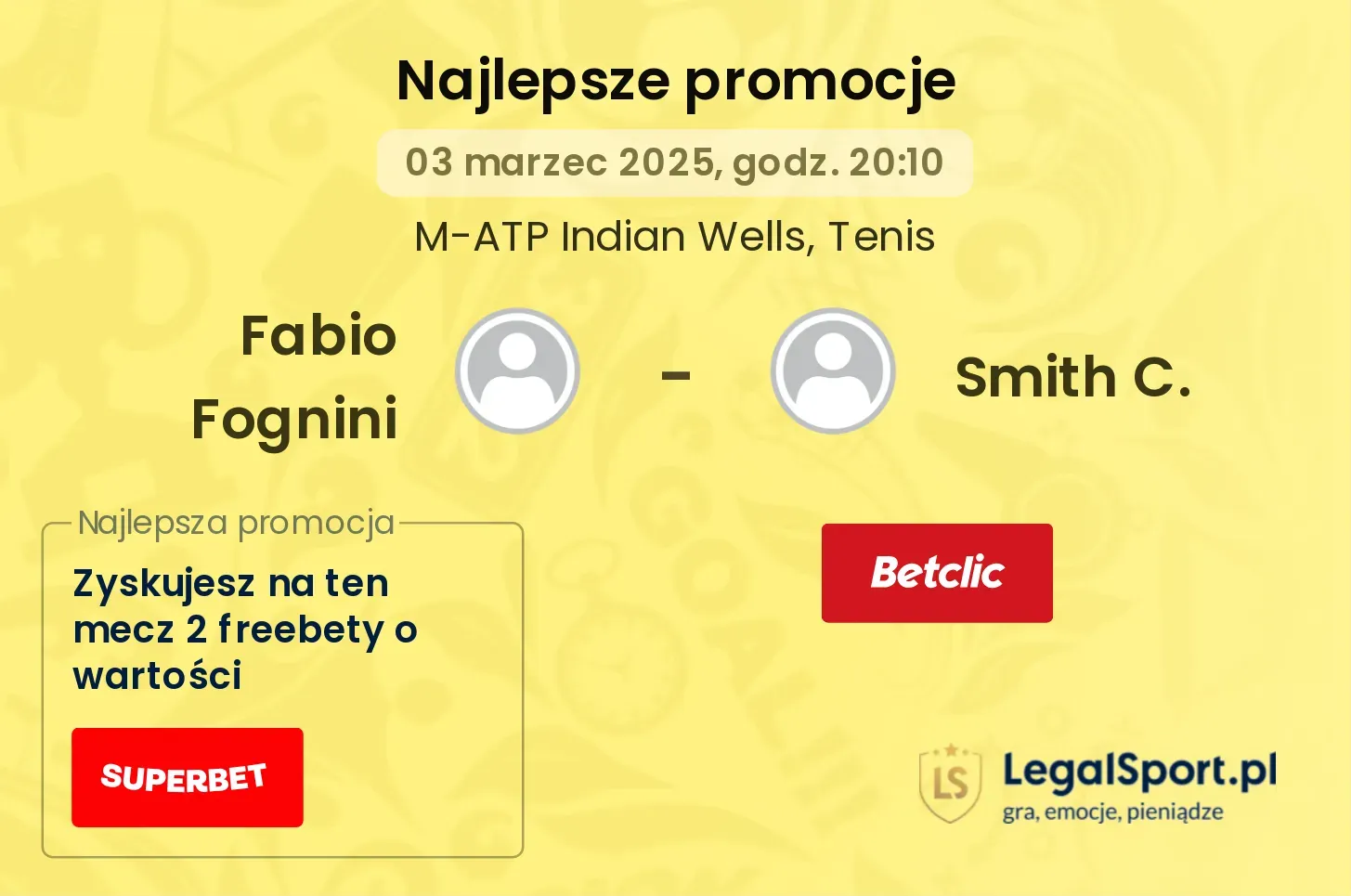 Fabio Fognini - Smith C. promocje bonusy na mecz