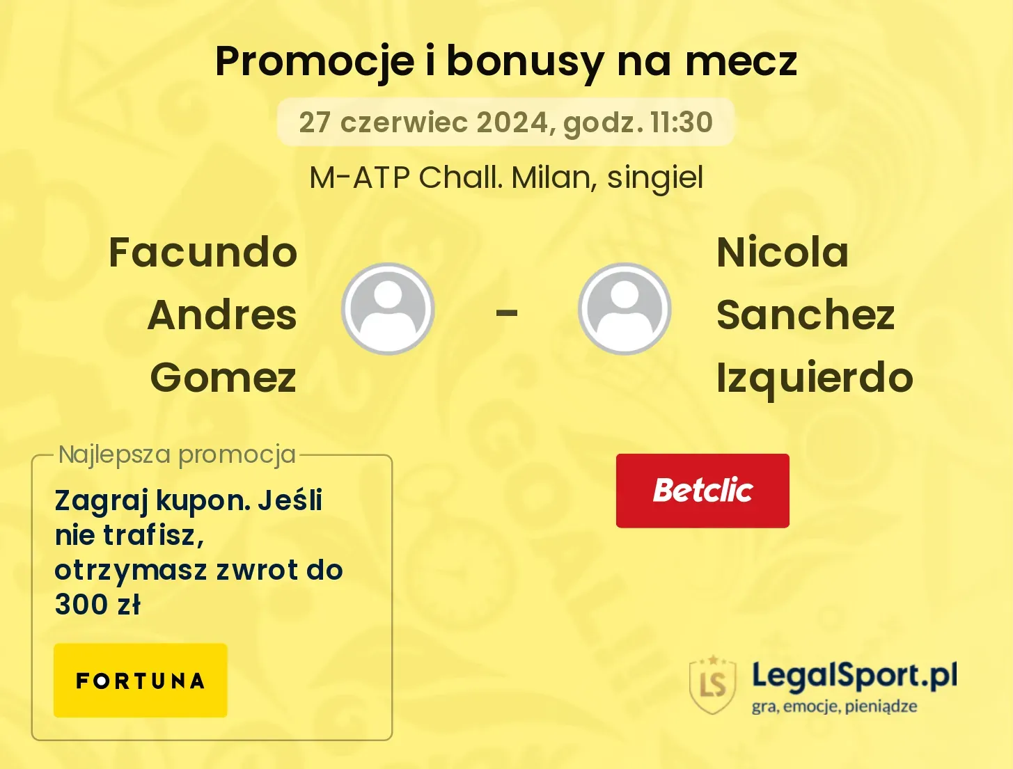 Facundo Andres Gomez - Nicola Sanchez Izquierdo promocje u bukmacherów (27.06, 11:30)