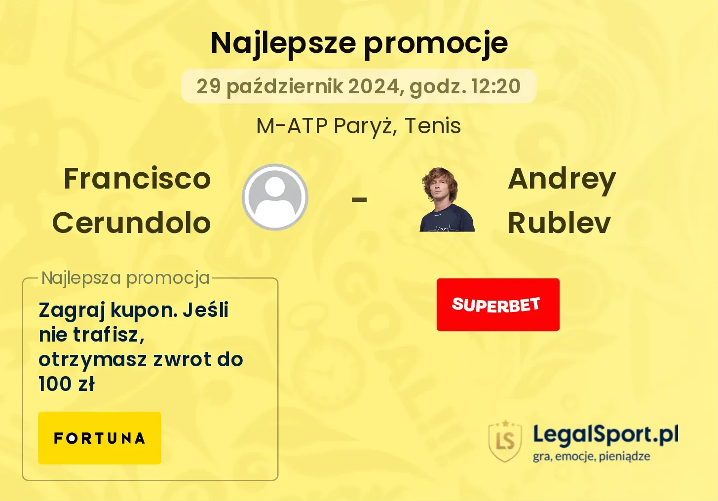 Francisco Cerundolo - Andrey Rublev promocje bukmacherskie 29.10, 12:20