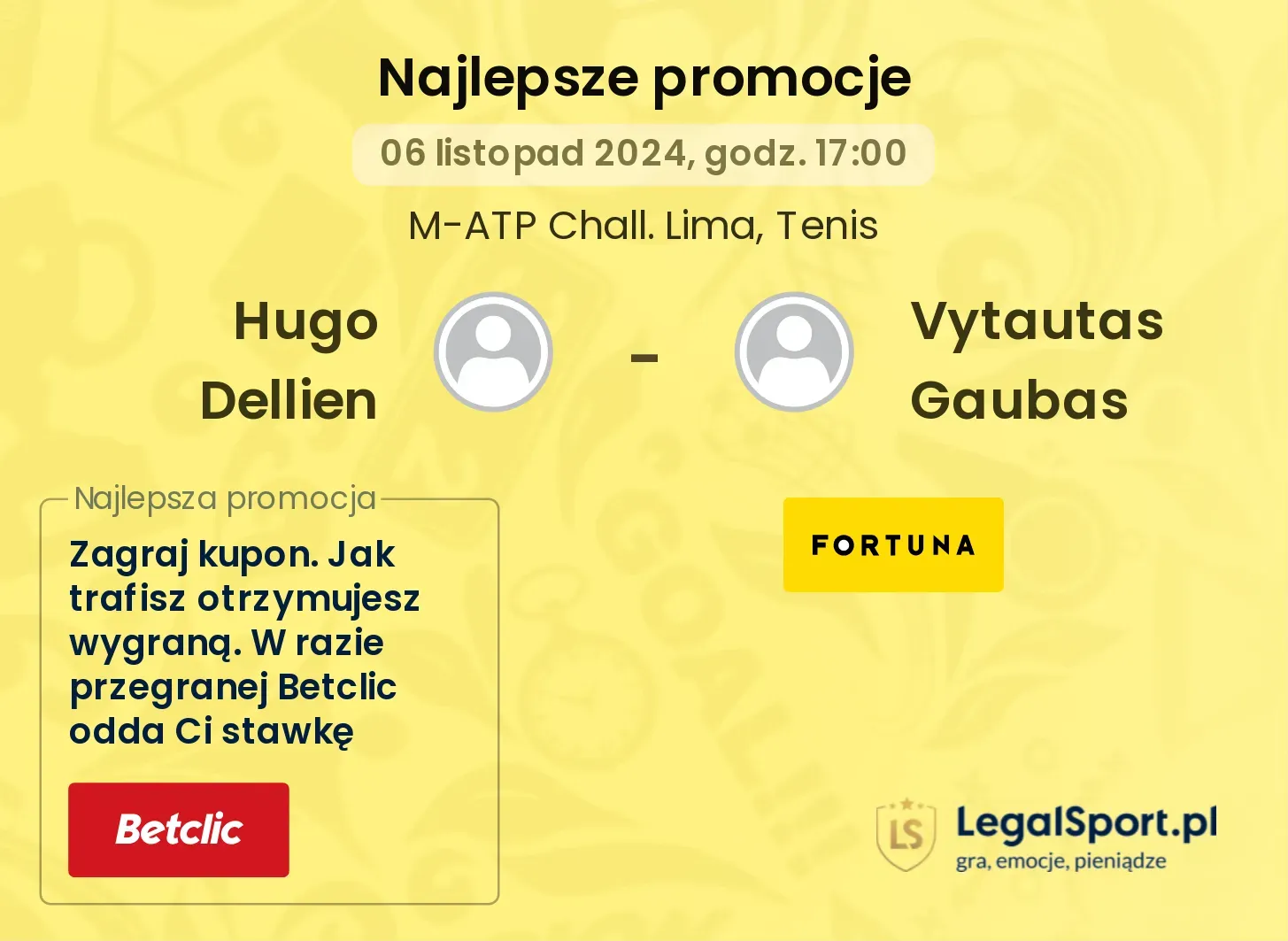 Hugo Dellien - Vytautas Gaubas promocje u bukmacherów 06.11, 17:00