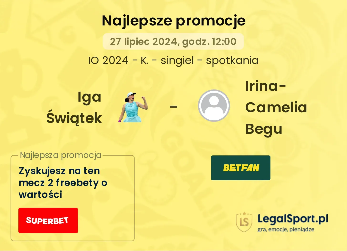 Iga Świątek - Irina-Camelia Begu promocje bonusy na mecz