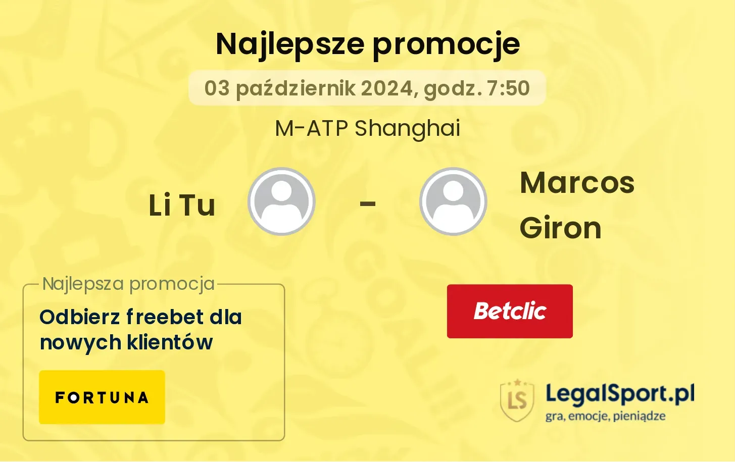 Li Tu - Marcos Giron promocje u bukmacherów 03.10, 07:50