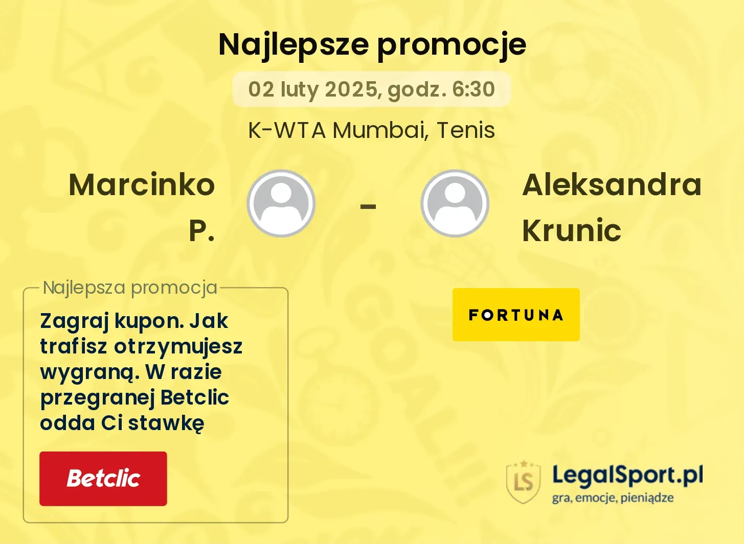 Marcinko P. - Aleksandra Krunic promocje bonusy na mecz