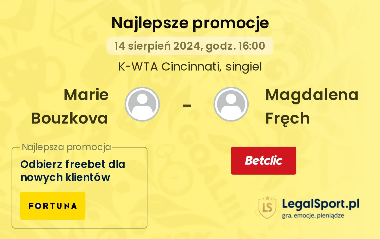 Marie Bouzkova - Magdalena Fręch promocje u bukmacherów (14.08, 16:00)