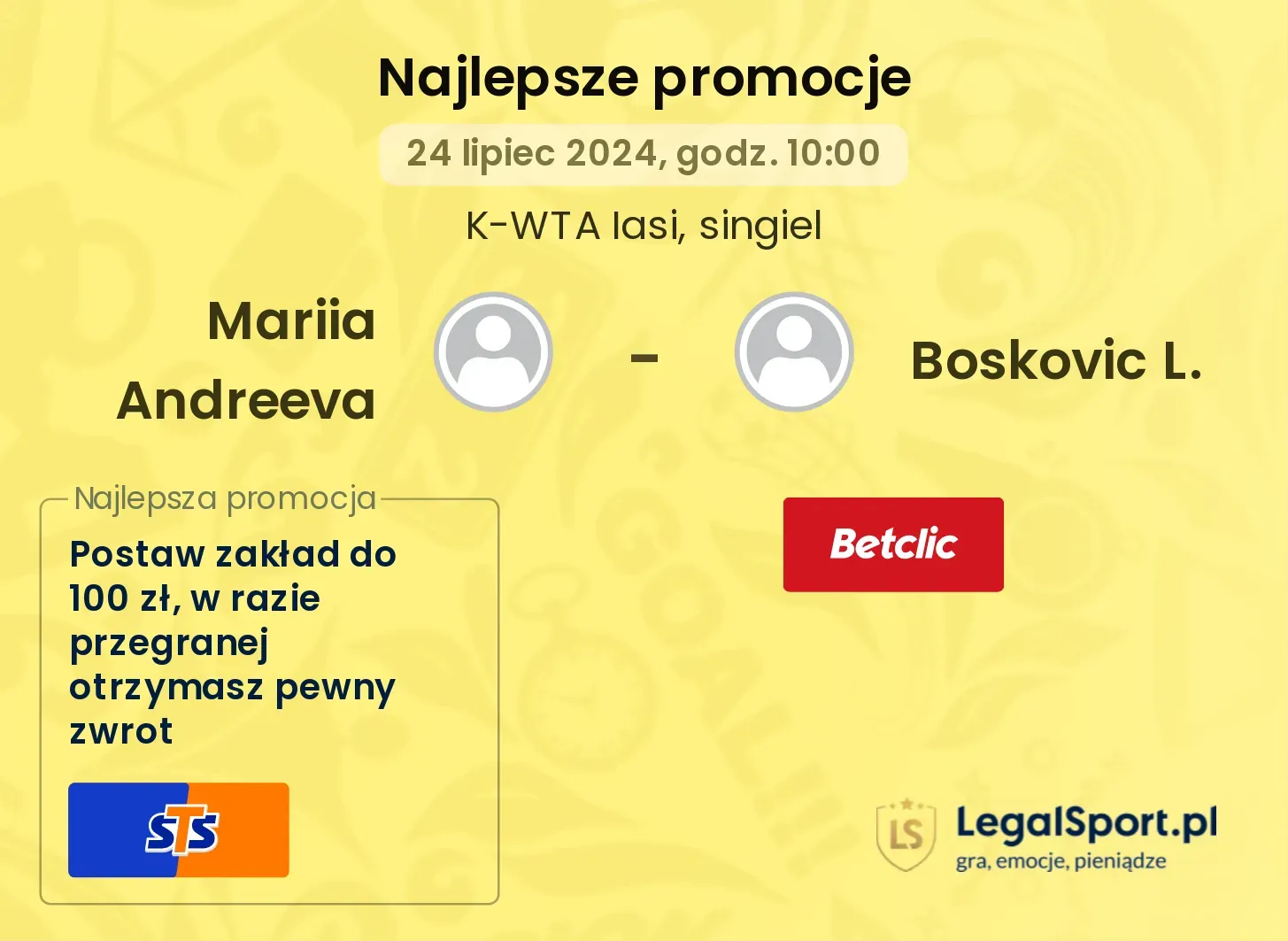 Mariia Andreeva - Boskovic L. promocje bonusy na mecz