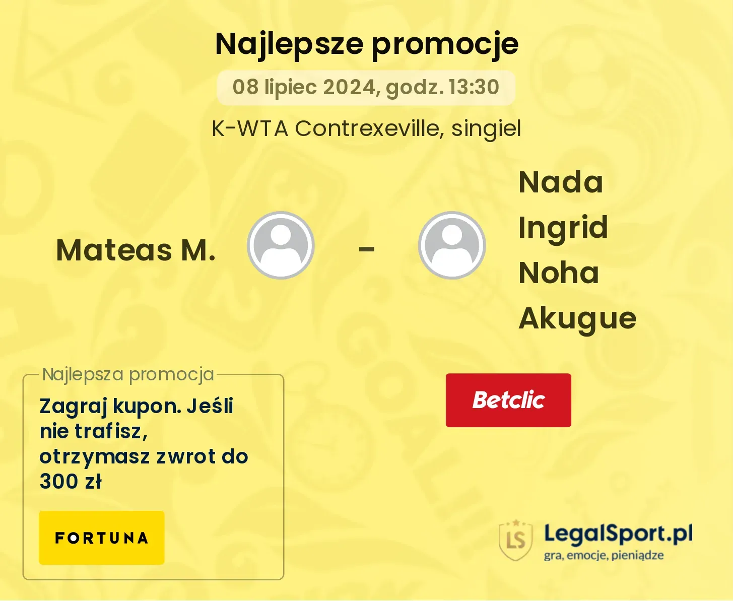 Mateas M. - Nada Ingrid Noha Akugue promocje u bukmacherów (08.07, 13:30)