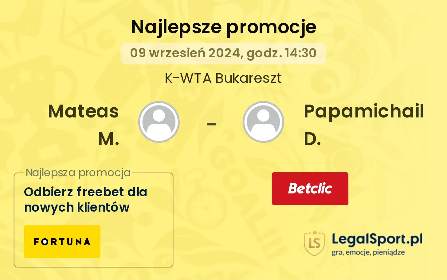 Mateas M. - Papamichail D. promocje bukmacherskie 09.09, 14:30