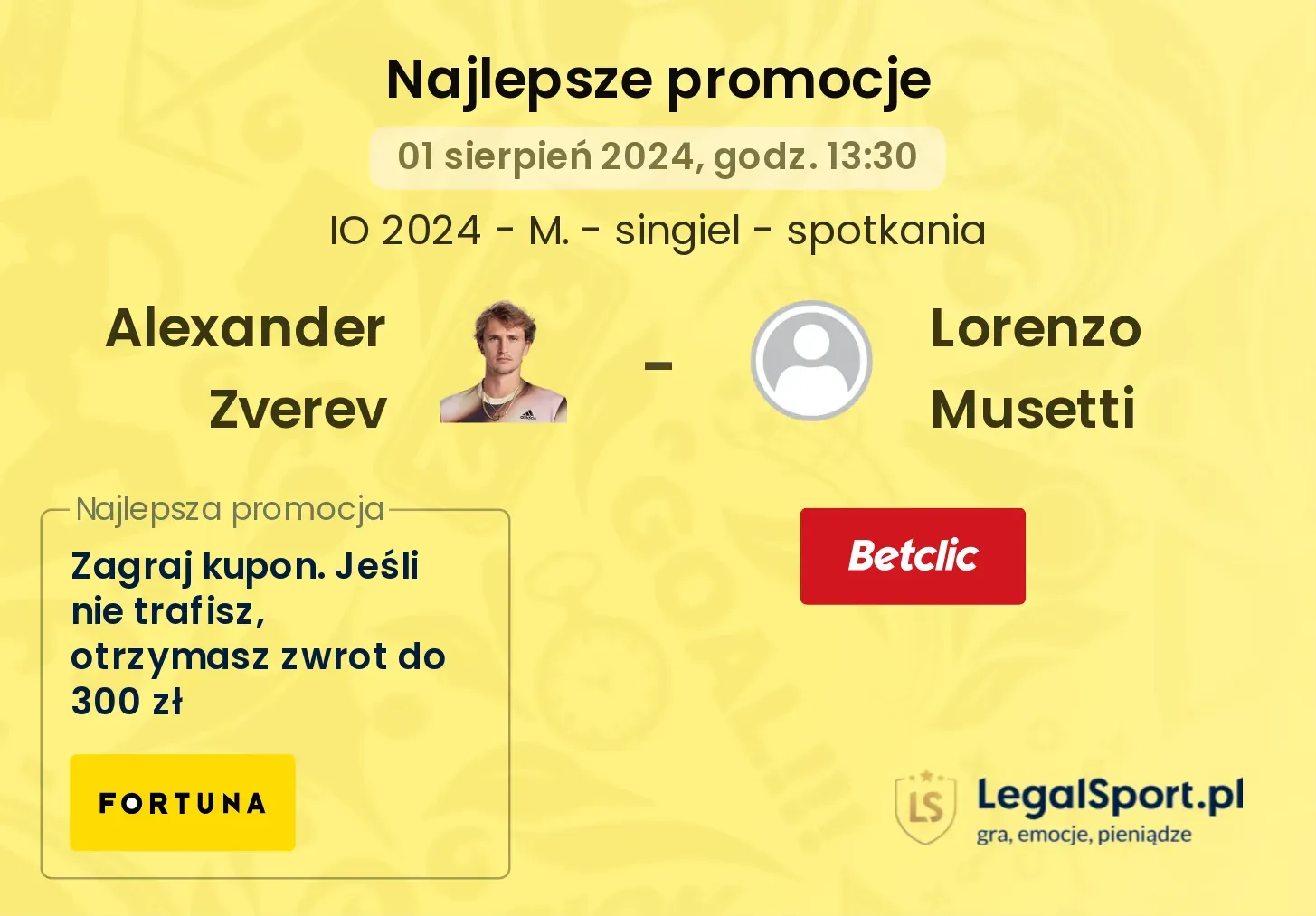 Alexander Zverev - Lorenzo Musetti promocje bonusy na mecz