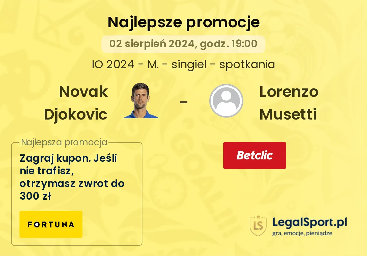 Novak Djokovic - Lorenzo Musetti promocje bonusy na mecz