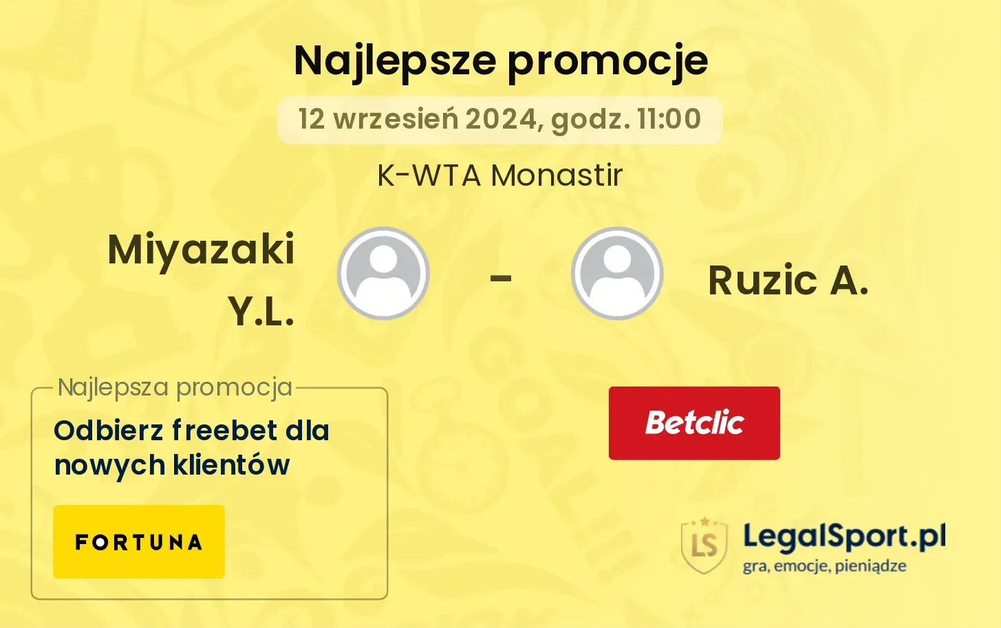 Miyazaki Y.L. - Ruzic A. promocje u bukmacherów 12.09, 11:00