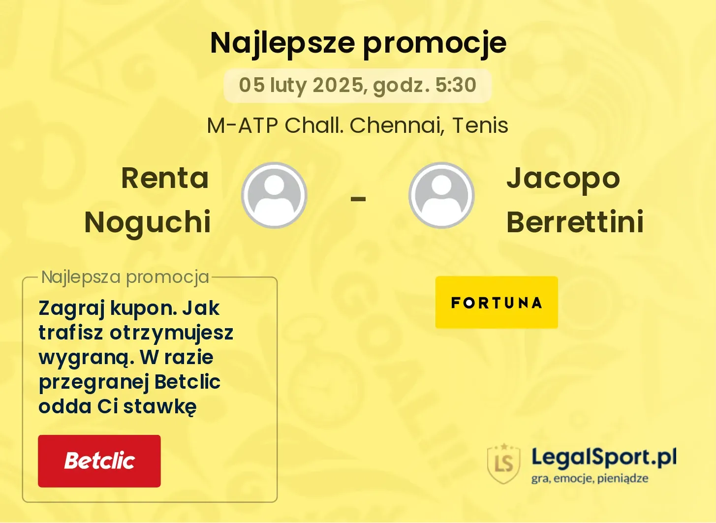 Renta Noguchi - Jacopo Berrettini promocje bonusy na mecz