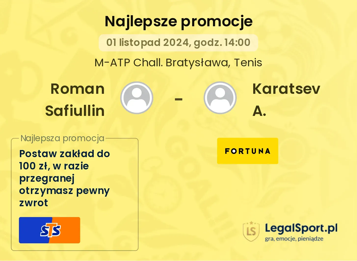 Roman Safiullin - Karatsev A. promocje u bukmacherów 01.11, 14:00