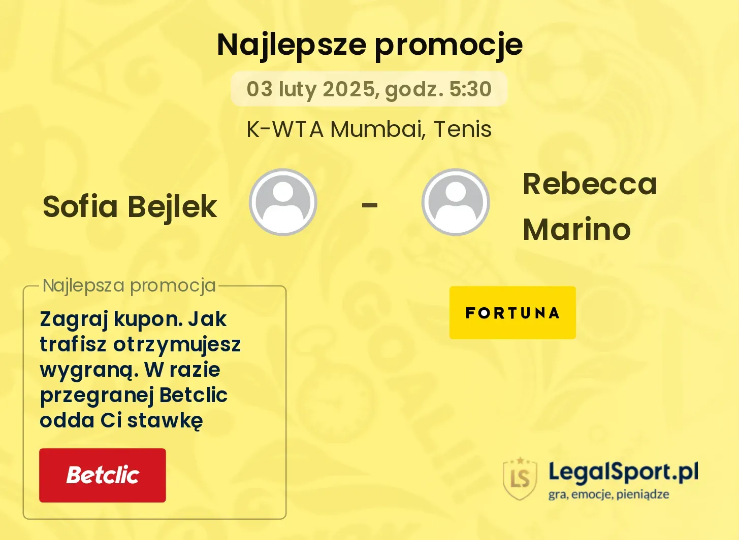 Sofia Bejlek - Rebecca Marino promocje bonusy na mecz