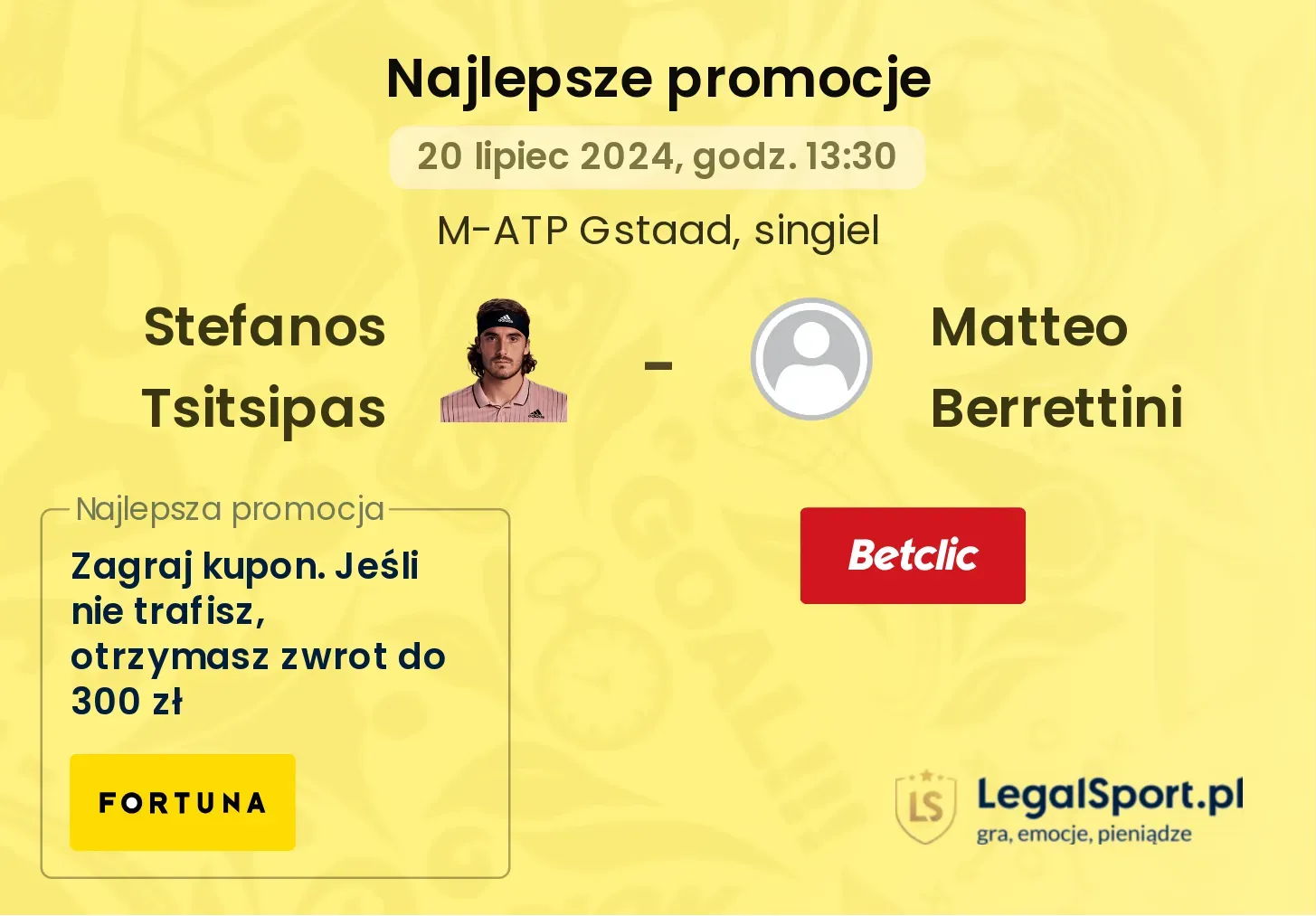 Stefanos Tsitsipas - Matteo Berrettini promocje u bukmacherów (20.07, 13:30)