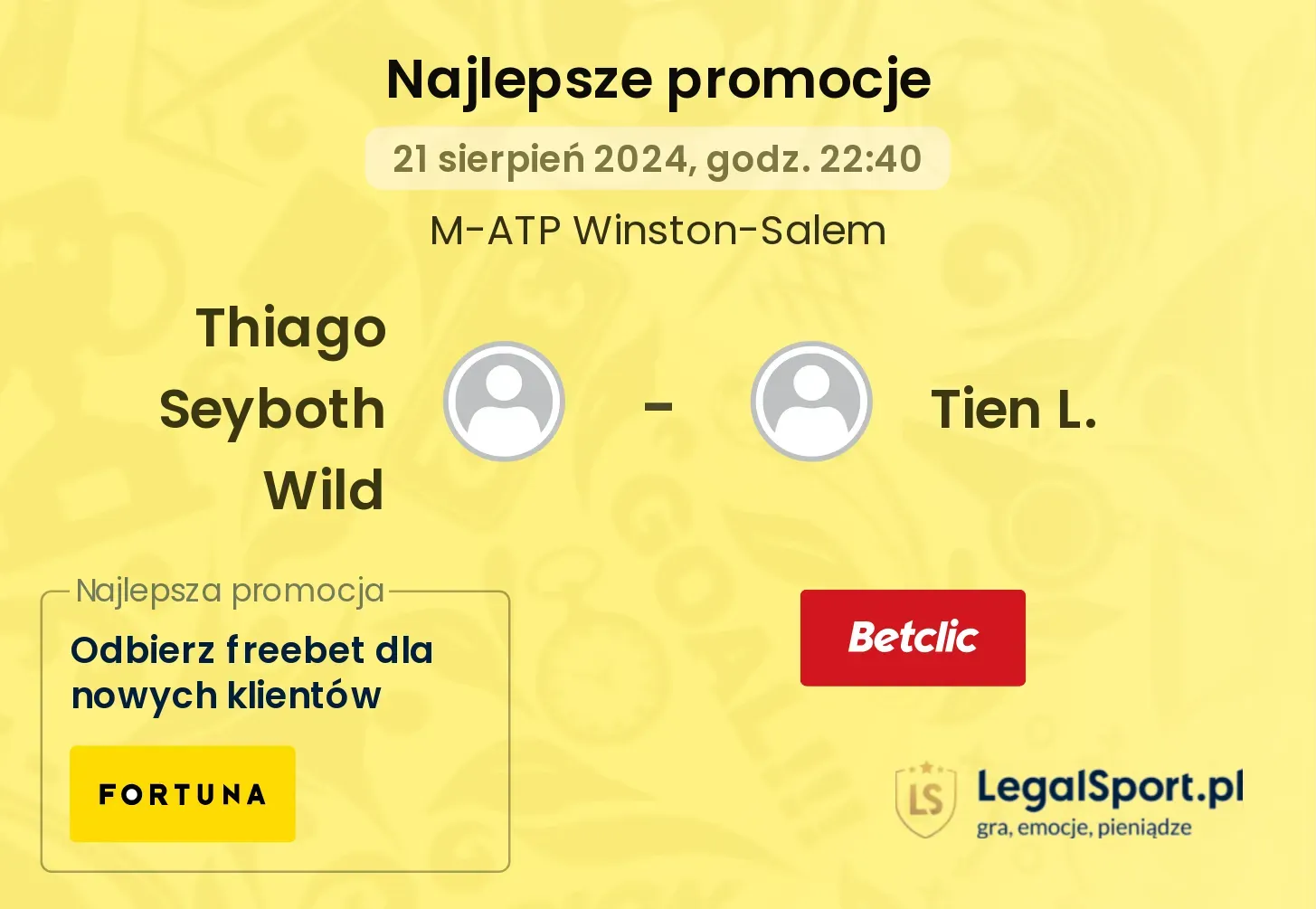 Thiago Seyboth Wild - Tien L. promocje u bukmacherów 21.08, 22:40