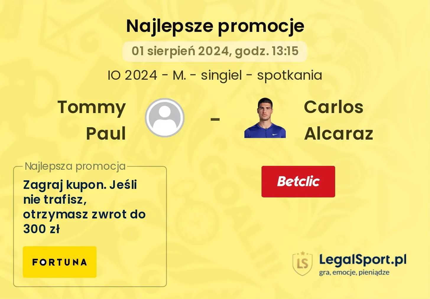 Tommy Paul - Carlos Alcaraz promocje u bukmacherów (01.08, 13:15)